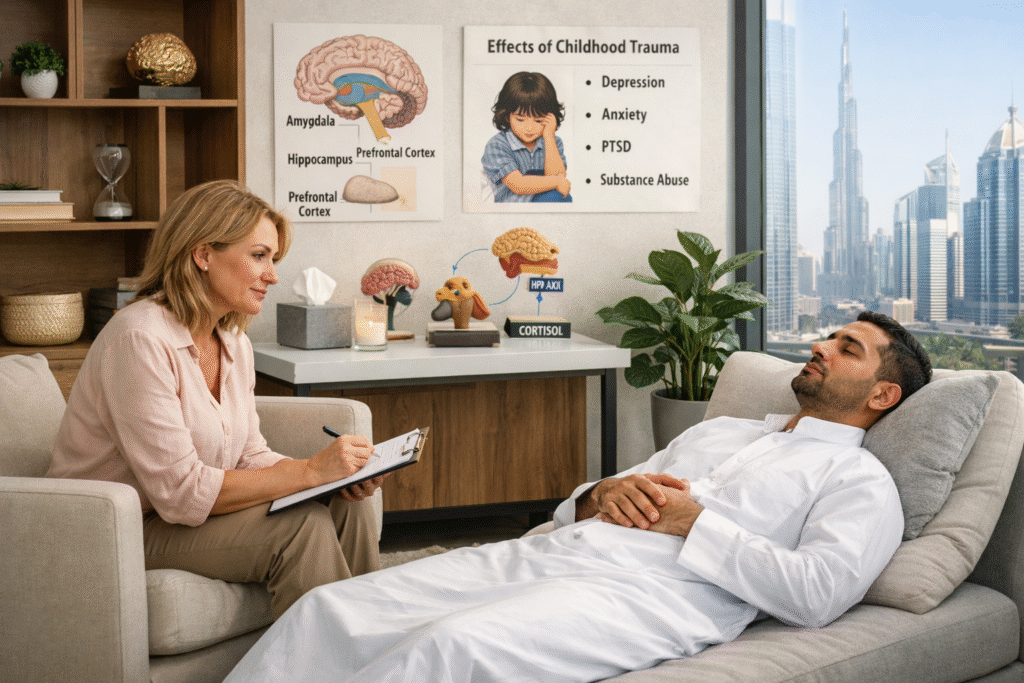 Hypnotherapy session in Dubai clinic showing therapist guiding client through trauma healing and stress regulation