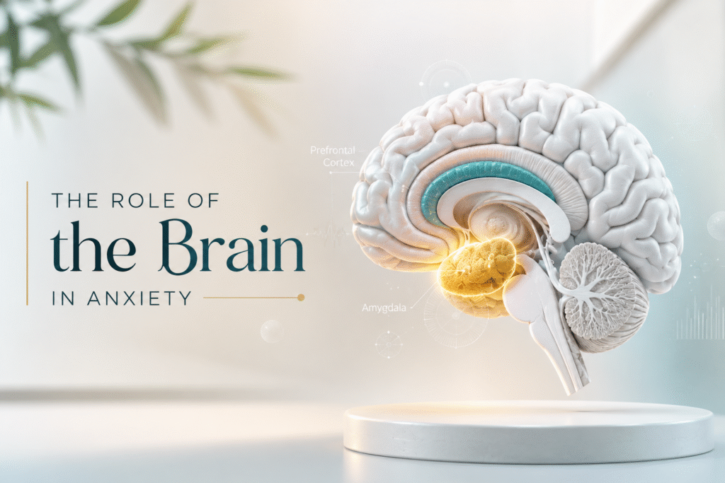 3D illustration showing the role of the brain in anxiety, highlighting key regions involved in emotional regulation and the body's stress response.